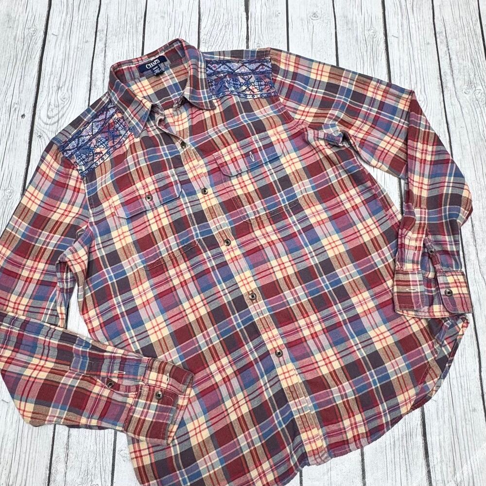 Women’s Chaps Flannel Shirt Women Size Medium Plaid Embroidered Southwestern Top